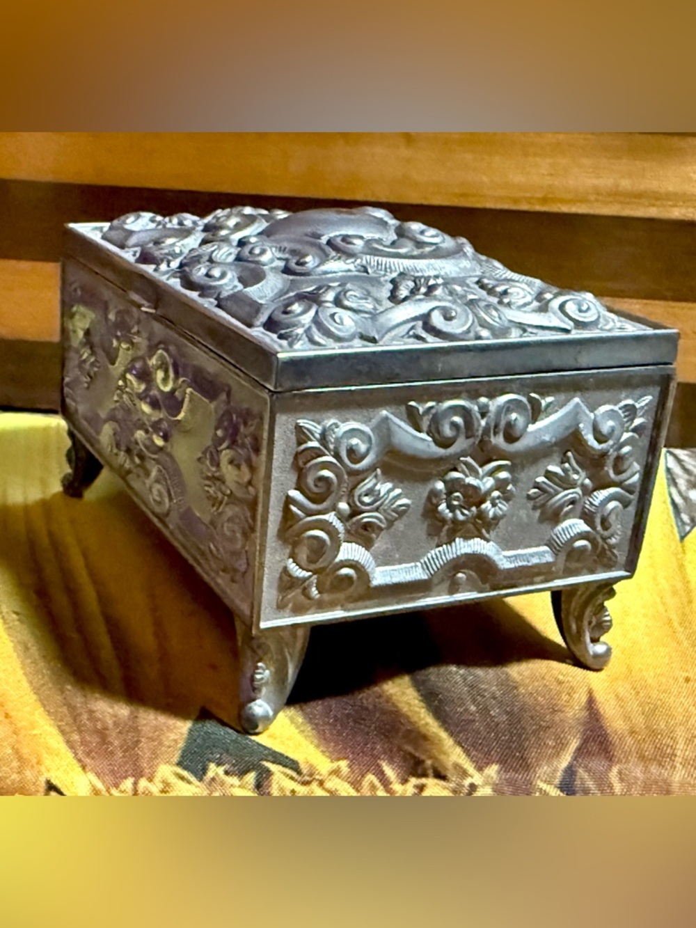 Vintage Art Nouveau Style Silver Plated Jewerly Box Trinket Box Blue Velvet - Picture 8 of 15